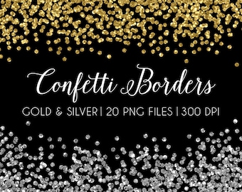 50% OFF SALE Confetti Clip Art, Digital Paper, Gold Silver Confetti borders, Clipart, Sparkly, Wedding Invitation - Commercial Use