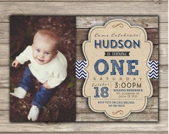 first Photo Birthday Printable Invitations Boy Rustic wood Blue Chevron Navy Grey Photography Boy Picture Invitations 1st Birthday NV4541