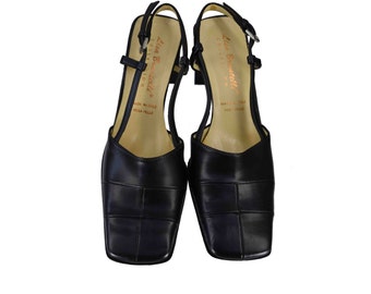 Vintage Shoes, 1980s Shoes, 80s Shoes, Italian Leather Shoes, Black Sling Back, Strappy, Square Toe Pumps, Square Toe Heels, Women's Size 6