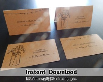Wedding Place Card Printable - Placecard Template Download - Rustic Mason Jar & Fairy Lights - Kraft Paper - Avery Tent Card Template 5302