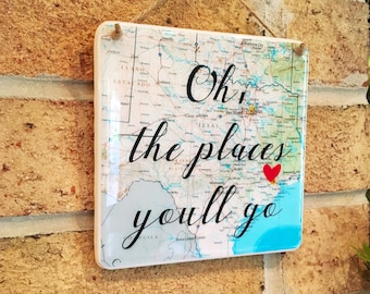 Custom Map Art Hanging Map Sign Ceramic Tile World Map Oh The Places You'll Go Personalized Map Graduation Gift Gift For Men Gift For Women