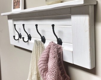 Rustic Wooden Entryway White Coat Rack, Rustic Wooden Shelf, Entryway Rack, Coat Rack, Rustic Home Decor, Rustic Furniture, Floating Shelf