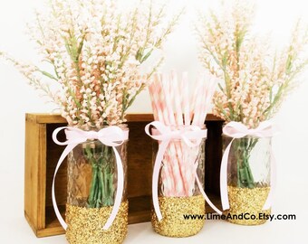Baby Shower Centerpiece, Bridal Shower Decorations, Baby Shower Decorations, Wedding Centerpieces, Gold and Pink Decor, Glitter Jars 3