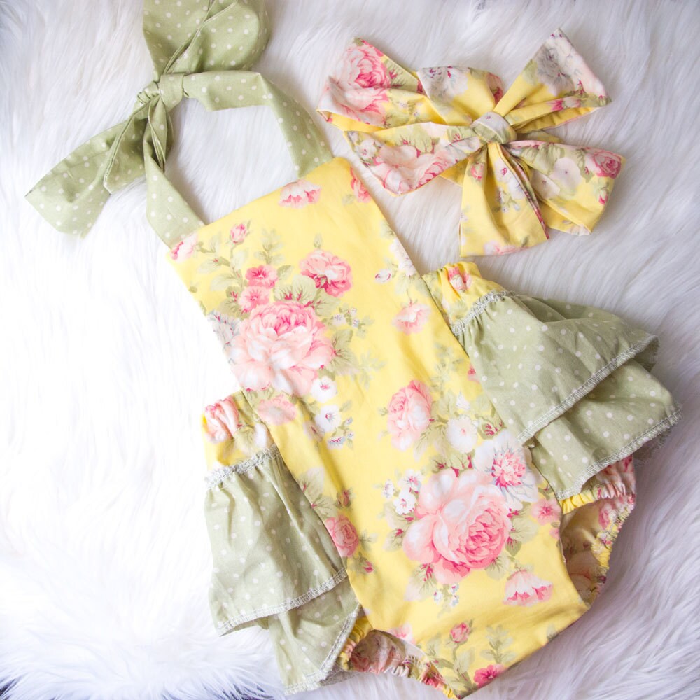 Baby Girl Romper Yellow and Green Floral ruffle romper and
