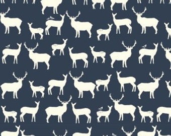 Navy Woodland Deer Fabric, Organic Cotton, Quilting Weight, Birch Fabrics, Elk Family Dusk, Antlers, Stags