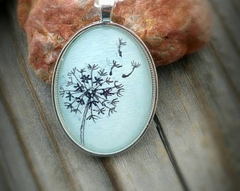 Dandelion necklace or key ring. Hand drawn and painted wearable art, Dandelion seeds blowing in the wind, wish flower necklace, blue teal