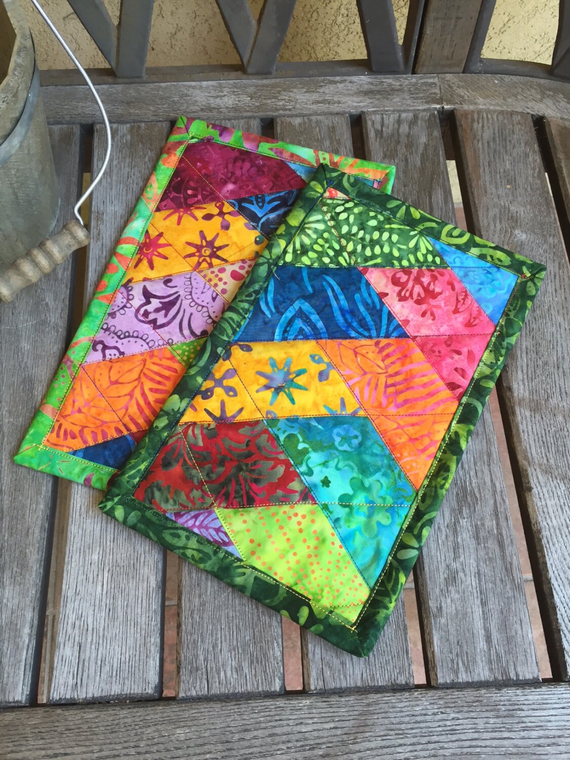 Rainbow Batik Friendship Braid Mug Rug 6 x 10 Scrappy snack