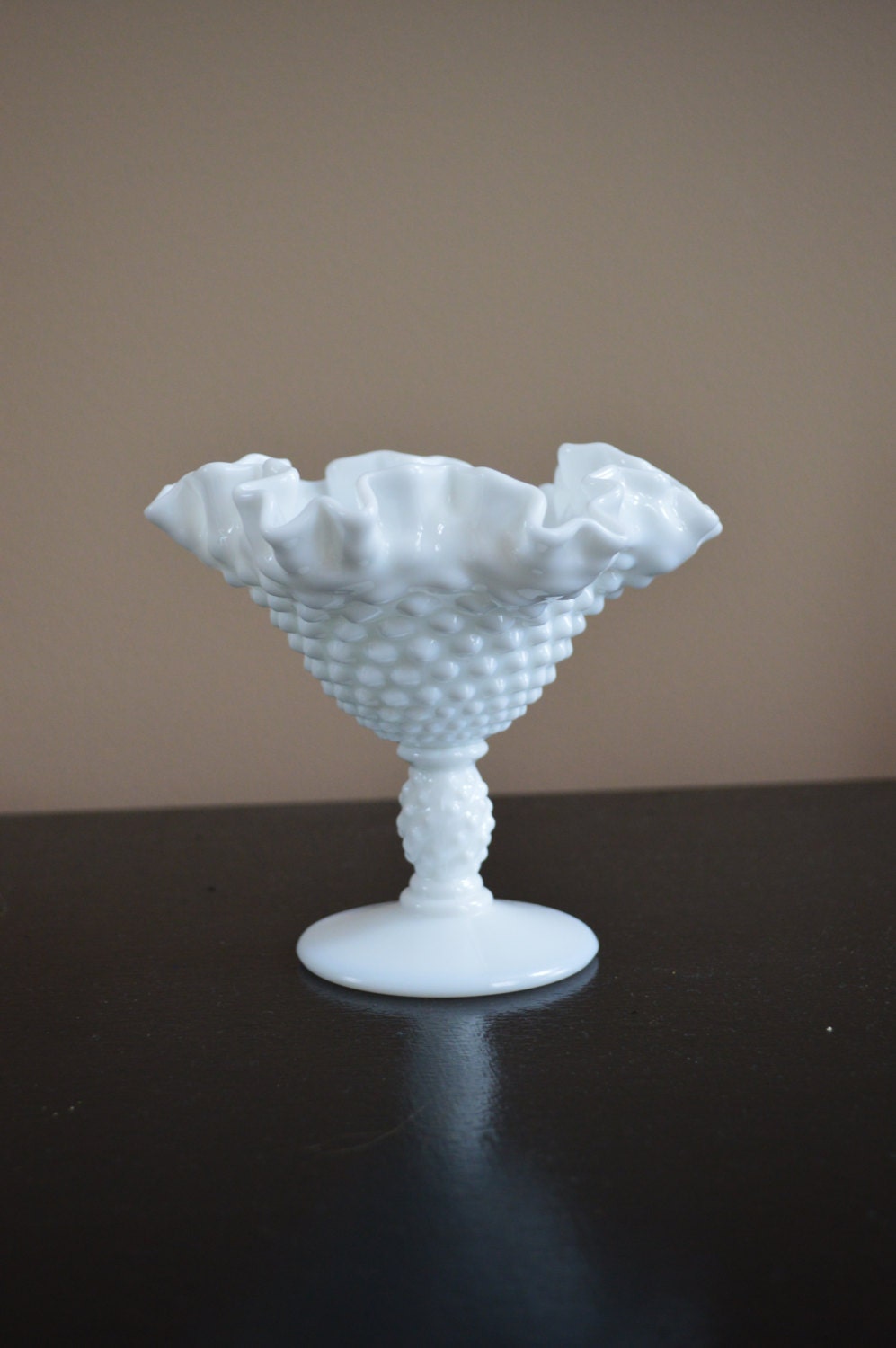 Vintage Fenton Milk Glass Hobnail Compote With Ruffled Edge