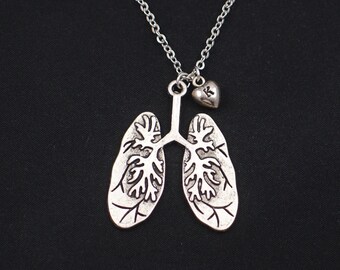 large lungs necklace, initial necklace, silver human lungs charm, anatomy charm, anatomy jewelry, nurse, doctor gift, steampunk, halloween