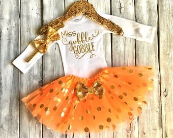 Baby girl Thanksgiving outfit, first thanksgiving outfit, girls thanksgiving outfit, orange gold tutu, miss gobble gobble onesie, newborn
