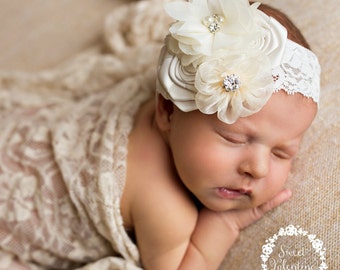 Ivory Baptism Headband, Christening Headband, Baptismal Hair Bow, Baby Headband,Newborn Headband, Ivory Infant Headband, Baby Headbands,