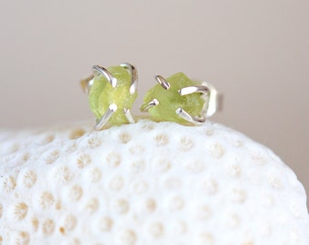Peridot Earrings, Raw Peridot Earrings, Rough Peridot Silver Earrings