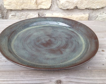 Pottery Dinner Plate on dark clay with Iron Lustre (Blue/Grey) glaze