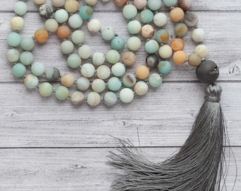 Amazonite Mala necklace /108 amazonite stones / long earth necklace / Hand knotted 108 Amazonite beads with agate and grey tassel