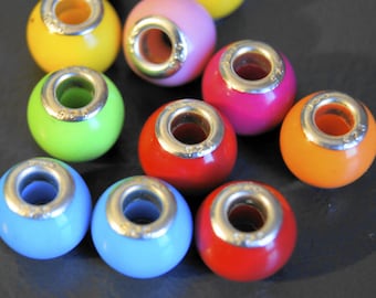 8 PERLES EUROPEENNES ACRYLIQUES coprs tube metal argenté diametre 13*12 mm ceramic bead