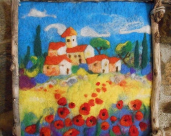 Toile en laine feutrée paysages " Les coquelicots" art textile, cosy cadeau.
