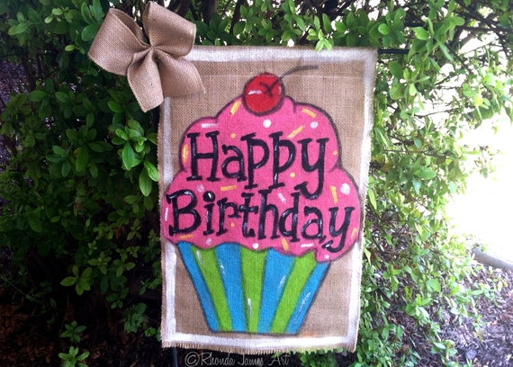 Happy Birthday Burlap Garden Flag Outdoor Decoration Cupcake Happy Birthday Burlap Garden Flag Outdoor Decoration Cupcake