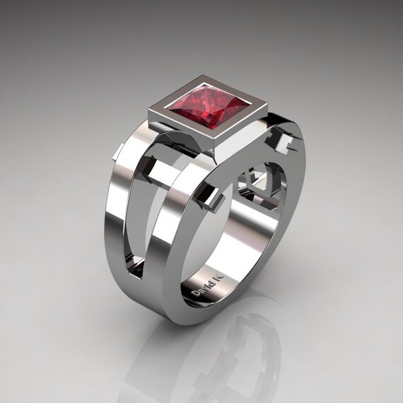 Mens Modern 14K White Gold 2.0 Ct Princess Ruby Ring