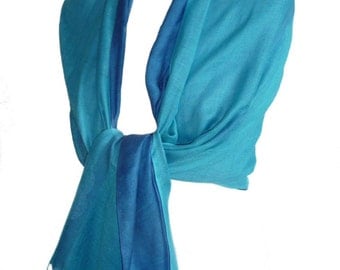 Turquoise & Blue Pashmina Wrap Reversible Double Layer Shawl Cotton Mix Large Scarf Fairt Trade
