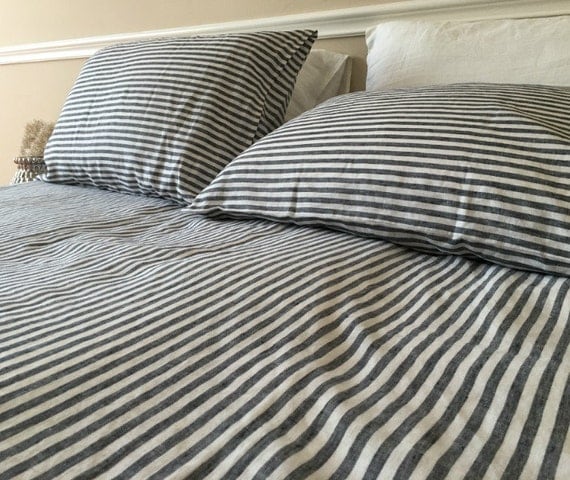 Navy and White Ticking Striped linen sheets fitted sheet 2