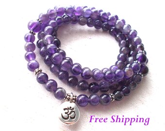 108 Amethyst Mala Beads Necklace, Buddhist Prayer Beads, Om Necklace, Yoga Jewelry - Healing & Protection