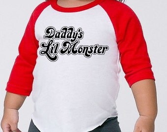 Custom daddy's lil monster baby kids raglan shirt, halloween shirt, halloween, Harley Quinn, Suicide Squad