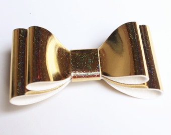 Baby/Toddler/Girl/Adult 2.75 Inch Double Hologram / Reflective Hair Bow on Lined Alligator Clip - Gold