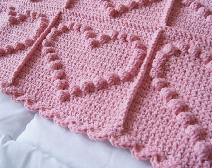 Crochet Baby Blanket, Pink Heart Baby Blanket, travel stroller size, Car seat Blanket, Crib Blanket