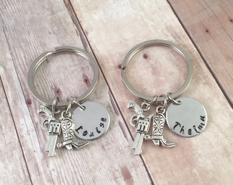 Best friend keychains, best friends initials keychain, partners in crime keychains, personalized gun and boot keychains, Thelma and Louise s