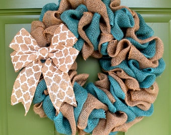 Summer Wreath, Summer Burlap Wreath, Chevron Wreath, Monogram Wreath, Spring Burlap Wreath, Spring Wreath, Burlap Wreath, Teal Wreath