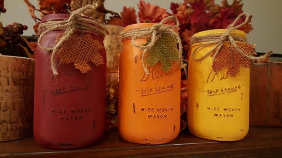Rustic Red, Pumpkin Orange and Saffron Yellow Painted and Distressed Halloween and Fall Mason Jars - Quart Mason Jars