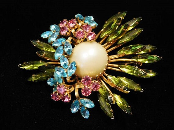 Swarovski AUSTRIA Rhinestone Brooch Mid Century Hollywood Brooch Austria Multi Color Glass Rhinestones Faux Pearl Austrian Crystals