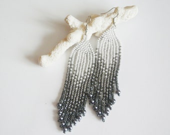 Long Grey Seed Bead Earrings, Dangle Earrings, Disco Earrings, Evening Earrings , Tribal Style, Boho Style, Native American Beaded Earrings