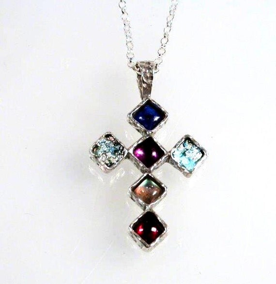 Sterling Silver Roman Glass Cross with Gemstones