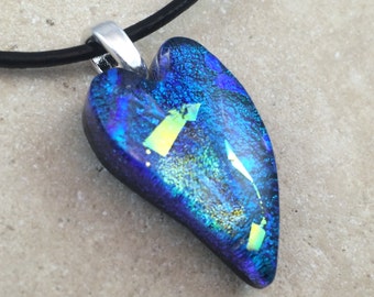 Heart Necklace, Blue Dichroic, Dichroic Pendant, Fused Glass Jewelry, Dichroic Glass Jewelry, Heart Dichroic Pendant - HEA170