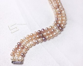 Triple Strand Real Pearls Bracelet In Silver Clasp, Multi-Colors 8-9MM Freshwater Pearls Bangle Bracelet With Magic Sterling Silver Clasp