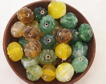 20 Fluted Glass Pumpkin Beads Vintage Style Mixed Colours Green Yellow Ochre Sizes Range 10 - 13mm