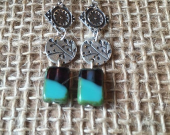 Purple and Teal Flower Dangle Earrings