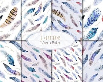 Watercolor boho feathers scrapbook paper Watercolor feather Native America Tribal scrapbooking bohemian digital navajo patterns Boho digital