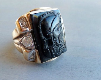 SALE! Vintage Mens Designer 10k Gold Diamond Ring Cameo Signet Artisan Made