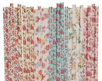 Paper Straw Mix, Floral Blue Pink Yellow White Paper Straws, Tea Party Floral Party Supplies, Garden Party Paper Goods, Floral Paper Straws