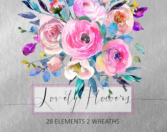 Pink Watercolor Flowers Peonies Clipart Set Wedding Floral Wreaths Peony Roses Clip Art Digital Florals DIY Invitation Free Commercial Use