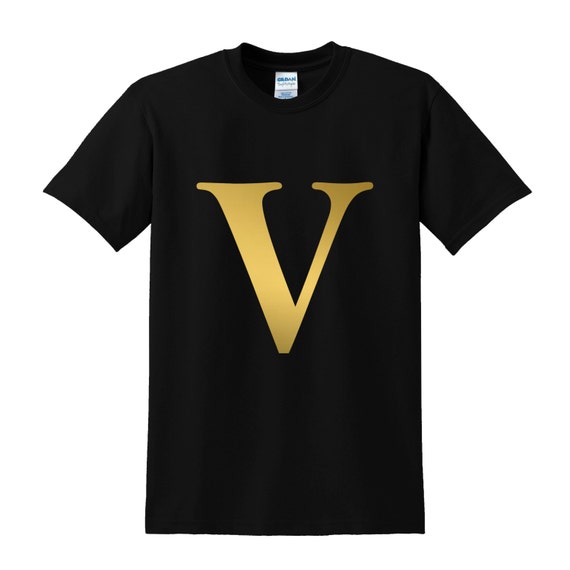 Personalised Alphabet LETTER V Tshirt Gold Writing Bold