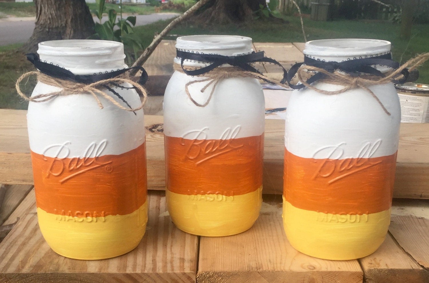 Halloween Candy Corn hand painted Mason by TinasWreathsandMore