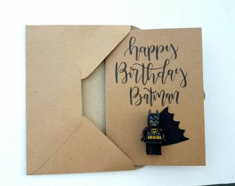 Happy birthday Anniversary batman superman spiderman ironman boys handlettered lego inspired birthday greeting personalised A6 card