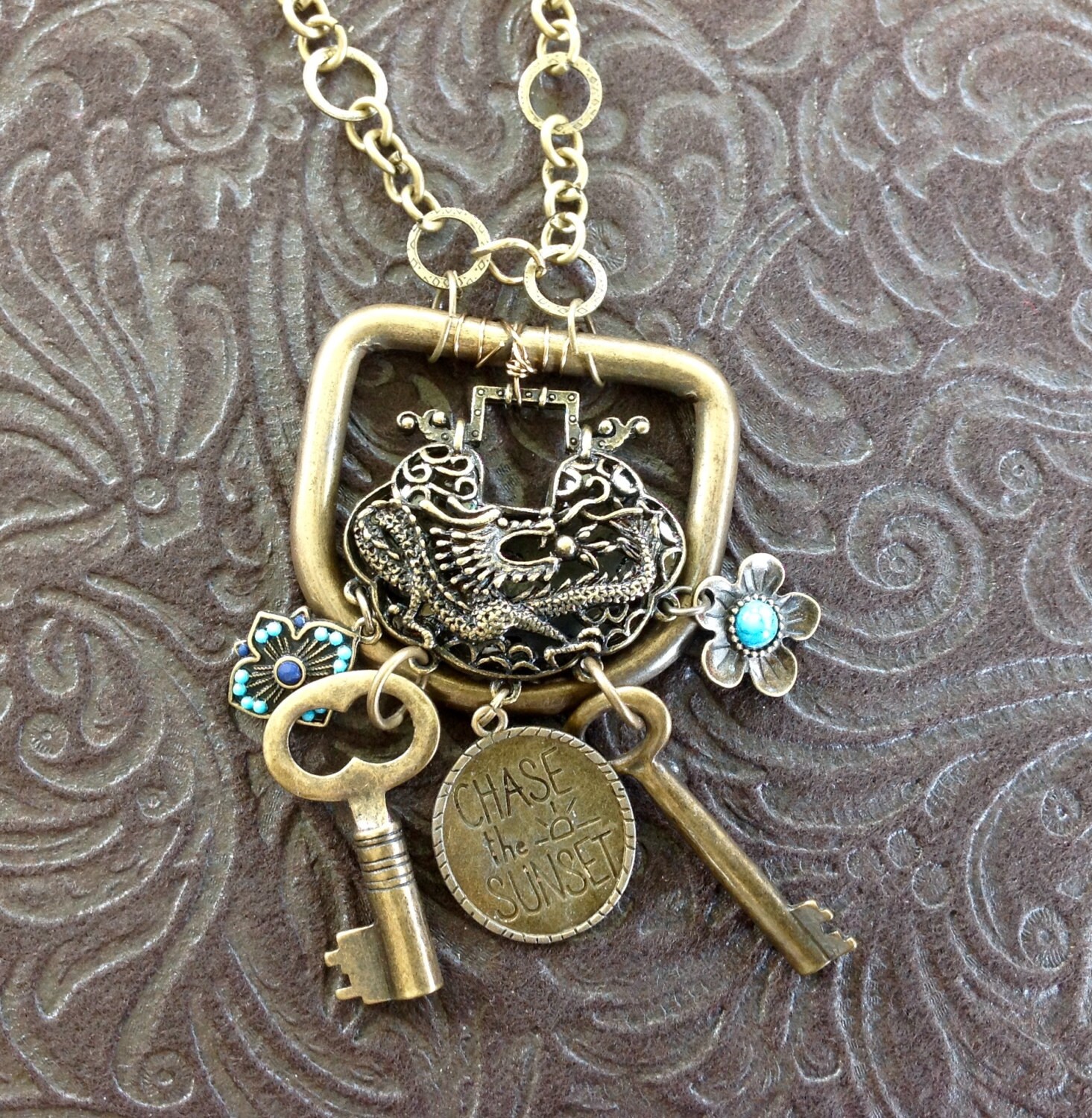 Long vintage brass belt buckle necklace with by CrowsFeetStudio