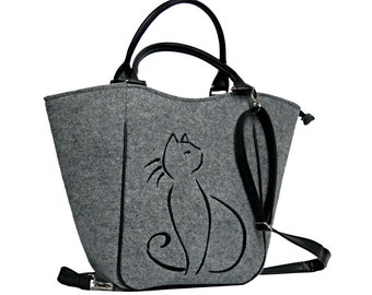 BLACK CAT BAG,cat purse, Women felt bag, Felt tote bag, Cat bag, Felt shopperbag, Felt handbag, Felt shoulder bag, Cat design bag