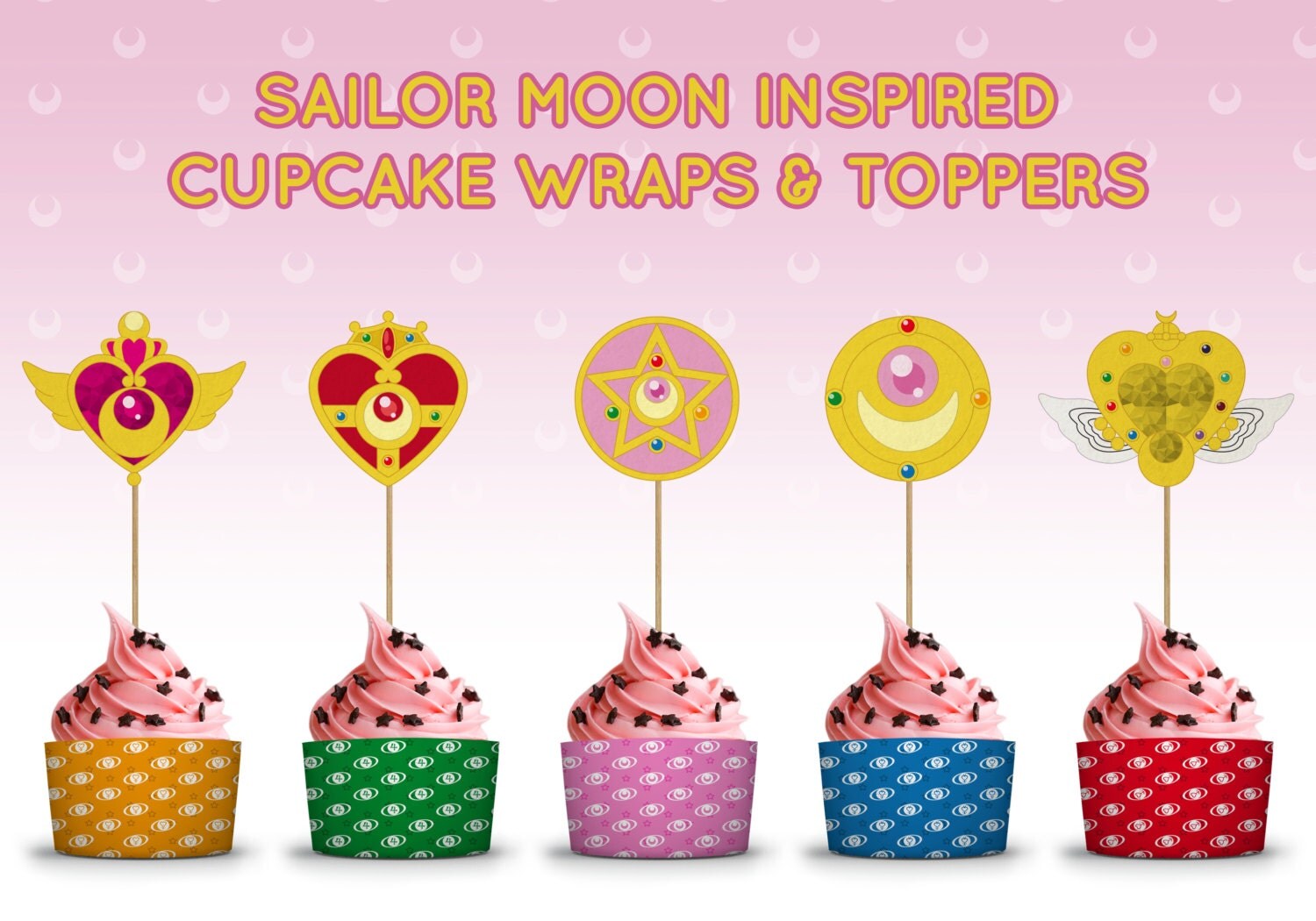 Sailor Moon brooches inspired cupcake wraps and toppers