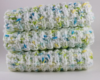 Hand Knit Dishcloth Set - Hand Knit Washcloth - White/Blue/Yellow/Green - Mix