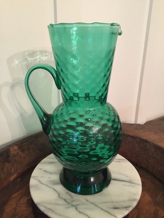 Vintage Italian Green Wavy Glass Large Pitcher Wine Carafe